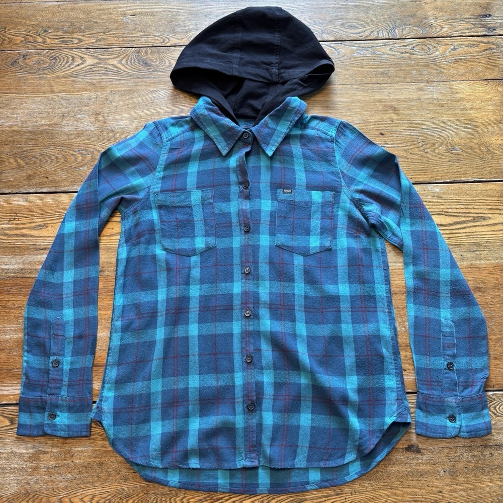 Hurley Hooded Flannel Button Shirt Men's M Plaid Distressed Blue Skater Punk‎